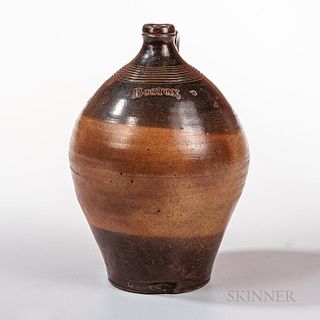 Early Ochre Dipped Stoneware Jug, Frederick Carpenter, Charlestown, Massachusetts, c. 1804-10, tall ovoid form with tooled neck and app