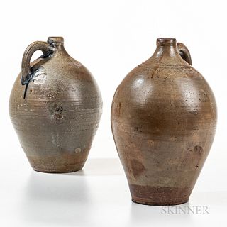 Two Early Stoneware Jugs, attributed to Frederick Carpenter, Boston, Massachusetts, late 18th century, tall ovoid forms with applied st