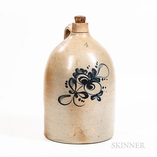 Cobalt-decorated Four-gallon Stoneware Jug with Floral Spray, possibly New England, mid-19th century, with applied handle, carved woode
