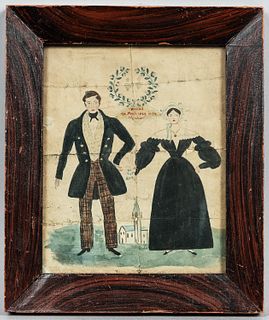 Watercolor on Paper Commemorating a Couple's Marriage, America, c. 1829, designed as a wreath with hearts above the figures, and a chur