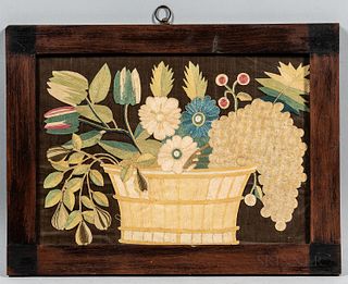 Silk Needlework Picture of Basket of Flowers and Fruit, America, early 19th century, worked in silk threads on a backing, all of which