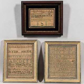 Three Framed Samplers, America, late 18th/early 19th century, each worked in silk threads on linen grounds, composed of alphanumeric li