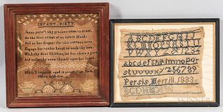 Two Small Samplers, America, 19th century, one lettered "Infant Piety" above a verse with maker's name, age, location, and date "Mary E