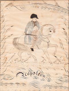 Pen and Ink "Napoleon" Calligraphy, mid-19th century, worked in black and blue ink, the figure on horseback surrounded by flourishes an