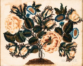 Watercolor on Velvet Floral Theorem, America, first half 19th century, flowering vines with roses and other blooms, (faded, toned, mino