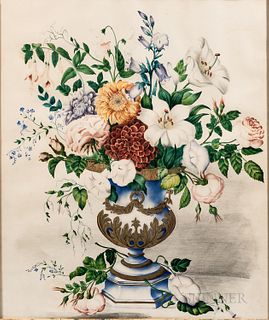 Floral Still Life with Gilt Highlights, America, c. 1830-40, watercolor and pencil on paper, depicting an elaborate blue and gilt urn o