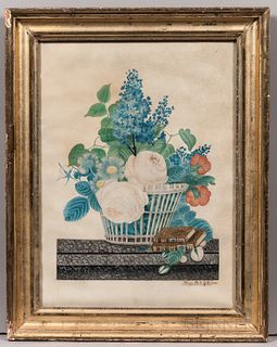 Basket of Flowers and Books Still Life, America, c. 1825-30, watercolor on paper, several blooms and greens in a basket on a marble tab