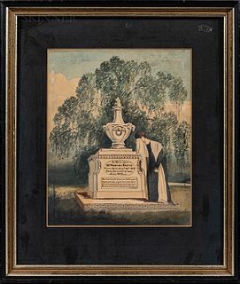 Watercolor Memorial to Samuel Davis, c. 1832, depicting a mourning woman resting on an urn-topped plinth lettered with the deceased's n