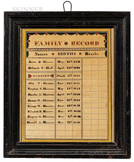 Watercolor on Paper Hanson Family Record, Lee, Penobscot County, New Hampshire, c. 1845, fancifully lettered with the names and birthda