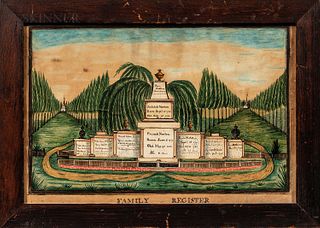 Watercolor and Pen and Ink Norton Family Register, early 19th century, designed as two groves of trees joining at a stepped stone memor