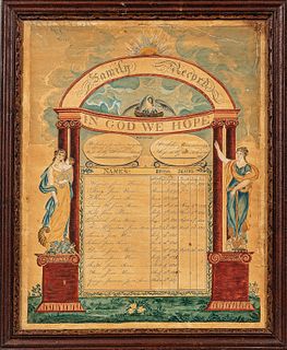 Watercolor and Pen and Ink Jones Family Record, early 19th century, designed as an arch lettered "Family Record" above a swan with cygn