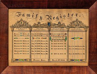 Hand-colored Printed Niles Family Register, The Heart and Hand Artist, (Maine, Vermont, and New Hampshire, ac. 1830-1856), printed regi