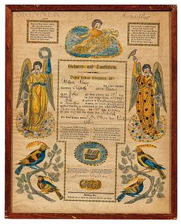 Hand-colored Printed Taufschein, Lancaster County, printed in Reading, Pennsylvania, first half 19th century, printed with verses withi