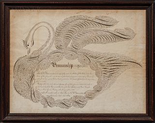 Elaborate Penmanship Bird, L.C. Mower, 1861, the bird's body profile formed of tightly executed pen swirls, signed and dated at the bot