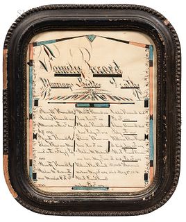 Watercolor and Pen and Ink Brownell Family Record. mid-19th century, fancifully lettered and bordered in black, red, and blue, with nam