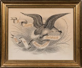Calligraphic "Merry Christmas and a Happy New Year," America, late 19th century, depicting an eagle with wings extended holding a long