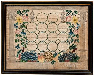 Watercolor and Pen and Ink on Paper Watson Family Record, Princeton, Massachusetts, c. 1817, composed of a reeded frieze supported by C