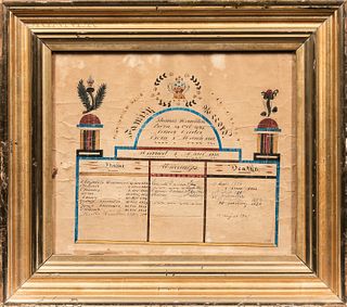 Watercolor and Pen and Ink on Paper Hamilton Family Record, c. 1840-45, designed with a central crown above an arch with the names of T
