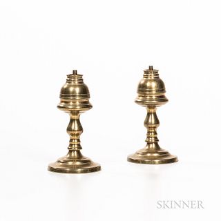 Pair of Brass Whale Oil Lamps, probably England, early 19th century, seamed baluster forms on molded circular bases, ht. 6 in. Provenan