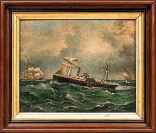 American School, 19th Century, A Sidewheeler at Sea, Unsigned., Condition: Surface grime., Oil on board, 7 1/2 x 9 1/2 in., in a part-e