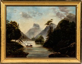 American School, Mid-19th Century, River Landscape with Sailboat, Unsigned., Condition: Subtle rippling, four small patches to back., O