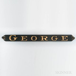 Painted "GEORGE" Ship's Nameboard, late 19th/early 20th century, yellow letters on a green-painted back with carved scroll ends, ht. 11