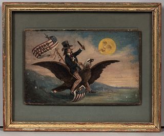 Folk Painting of Uncle Sam Riding on an Eagle, America, late 19th/early 20th century, "Spread Eagle," painted on a cigar box lid, frame