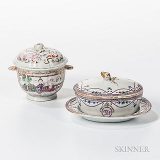 Two Export Porcelain Sugar Bowls, China, early 19th century, an oval bowl with cover and undertray, and a bowl with a mismatched lid, w