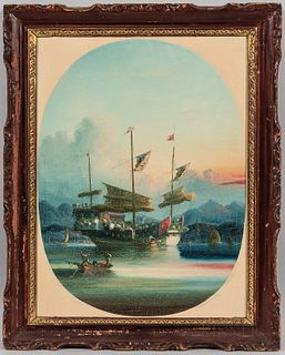 Namcheong (Chinese, 19th Century), Portrait of a Ship at Harbor (Reportedly Macao), Unsigned, stamped "NAMCHEONG/Painter" on the revers