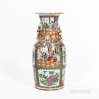 Large Rose Medallion Pattern Export Porcelain Vase, China, 19th century, with gilt dragons encircling the neck, ht. 18 in.