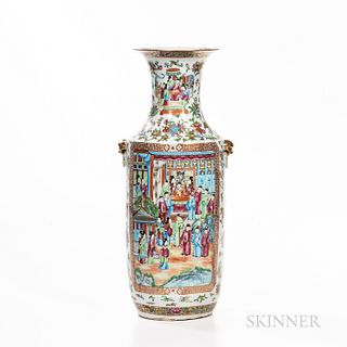 Tall Rose Mandarin Export Porcelain Vase, China, 19th century, the cylindrical polychrome enameled and gilded vase with flared rim abov