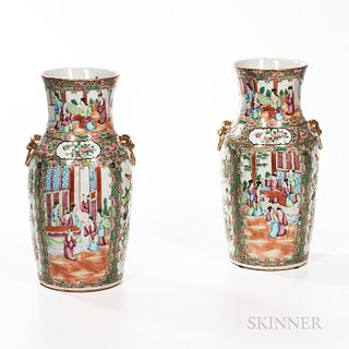 Pair of Rose Medallion Pattern Export Vases, China, 19th century, with applied gilt handles, ht. 14 1/4 in.