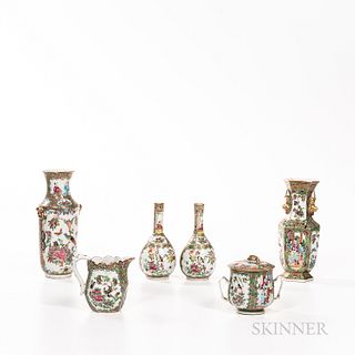 Six Rose Medallion Pattern Export Porcelain Items, China, 19th century, including a creamer, covered sugar, pair of bud vases, hexagona