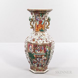 Large Rose Mandarin Export Porcelain Vase, China, 19th century, hexagonal body with gilt and blue enamel handles, ht. 34 in.