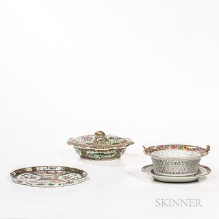 Four Pieces of Rose Medallion Pattern Export Porcelain, China, 19th century, a reticulated fruit bowl and undertray, a shaped covered v