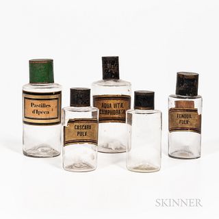 Group of Blown Glass Apothecary Bottles, mid-19th century, cylindrical bottles with applied printed labels and japanned tin lids, ht. t