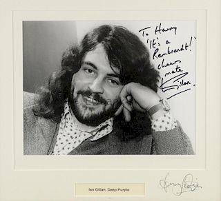 Ian Gillan, Lead singer for Deep Purple, black and white photograph signed & inscribed by the sitter