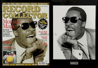 Stevie Wonder, black and white photograph taken by Harry Goodwin, framed with cover for Record Colle