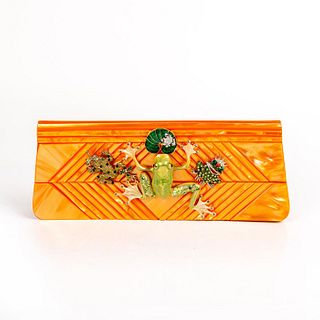 Iris Lane, Metallic Orange Jeweled Frog Envelope Clutch