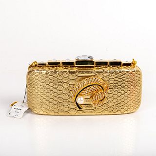 Iris Lane, Gold Faux Reptile Skin Feather And Pearl Clutch