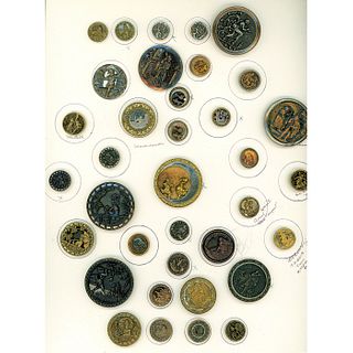 A FULL CARD OF ASSORTED METAL PICTURE BUTTONS