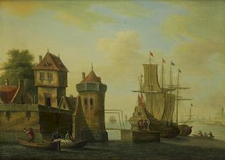 19th C. Oil on Wood Panel. Ships in Dutch Harbor.