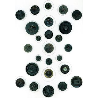 A CARD OF DIV 1 BLACK DYED PICTORIAL HORN BUTTONS