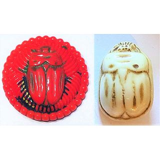 TWO DIVISION ONE GLASS BUTTONS INCLUDING SCARABS