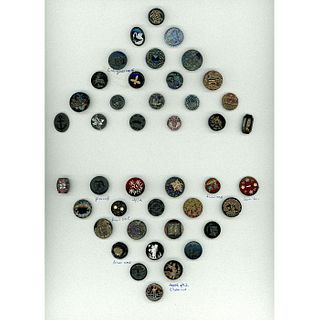 A CARD OF DIVISION ONE BLACK GLASS PICTORIAL BUTTONS