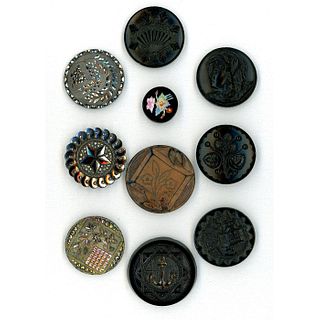 A SMALL CARD OF DIV 1 ASSORTED BLACK GLASS BUTTONS