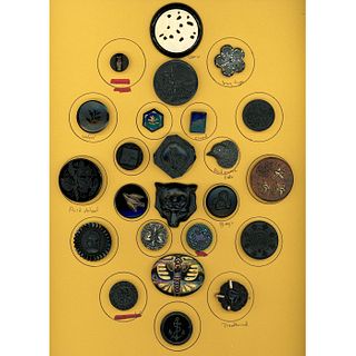 A FULL CARD OF DIV 1 AND 3 ASSORTED BLACK GLASS BUTTONS