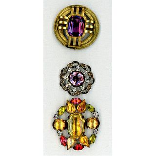 A SMALL CARD OF DIV 1 AND THREE JEWELED BUTTONS