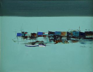 SIMBARI, Nicola. Oil on Canvas. Modernist Harbor.