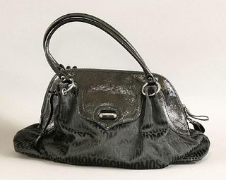 A Moschino black patent and logo fabric handbag